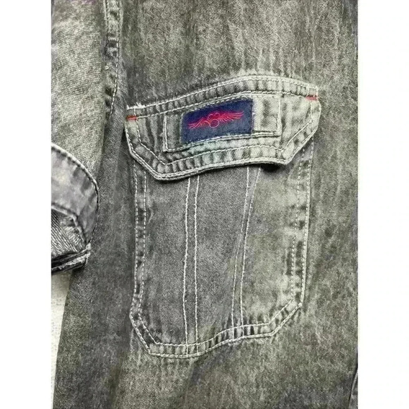 Men’s Large N1 Flag, Skull, Wings Distressed 2 Pocket Button Up Short Sleeve - Picture 4 of 15